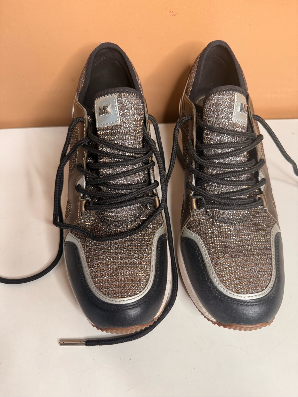Michael Kors Metallic Black and Gold Knit Lace-Up Sneakers